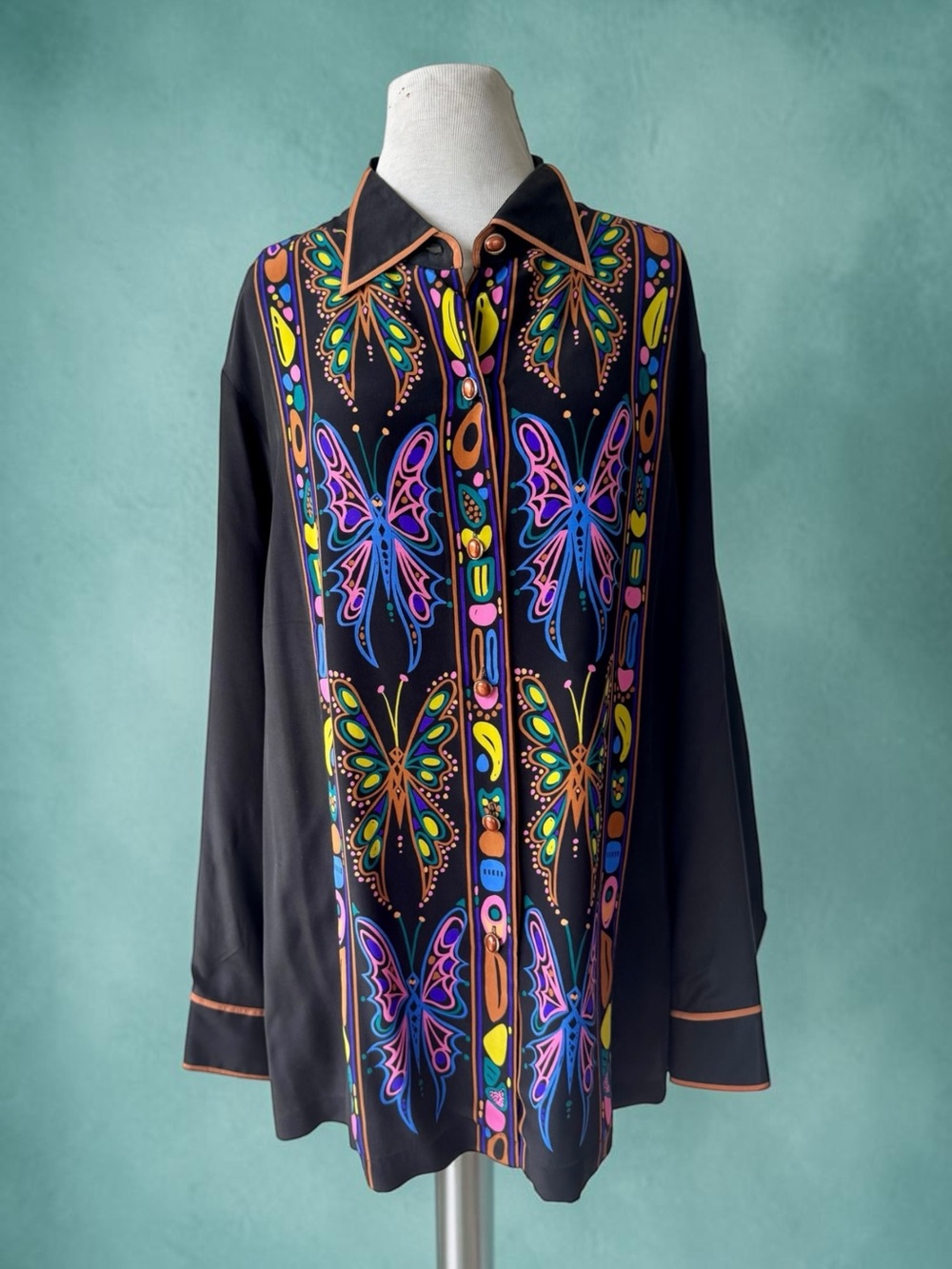 Vtg 90s Bob Mackie Wearable Art Black Butterfly Print 100% Silk Top Sz 1X